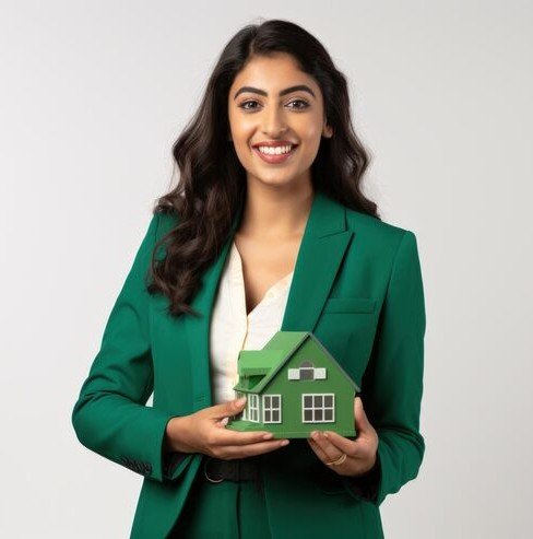 Woman holding a miniature house model, representing real estate advisory